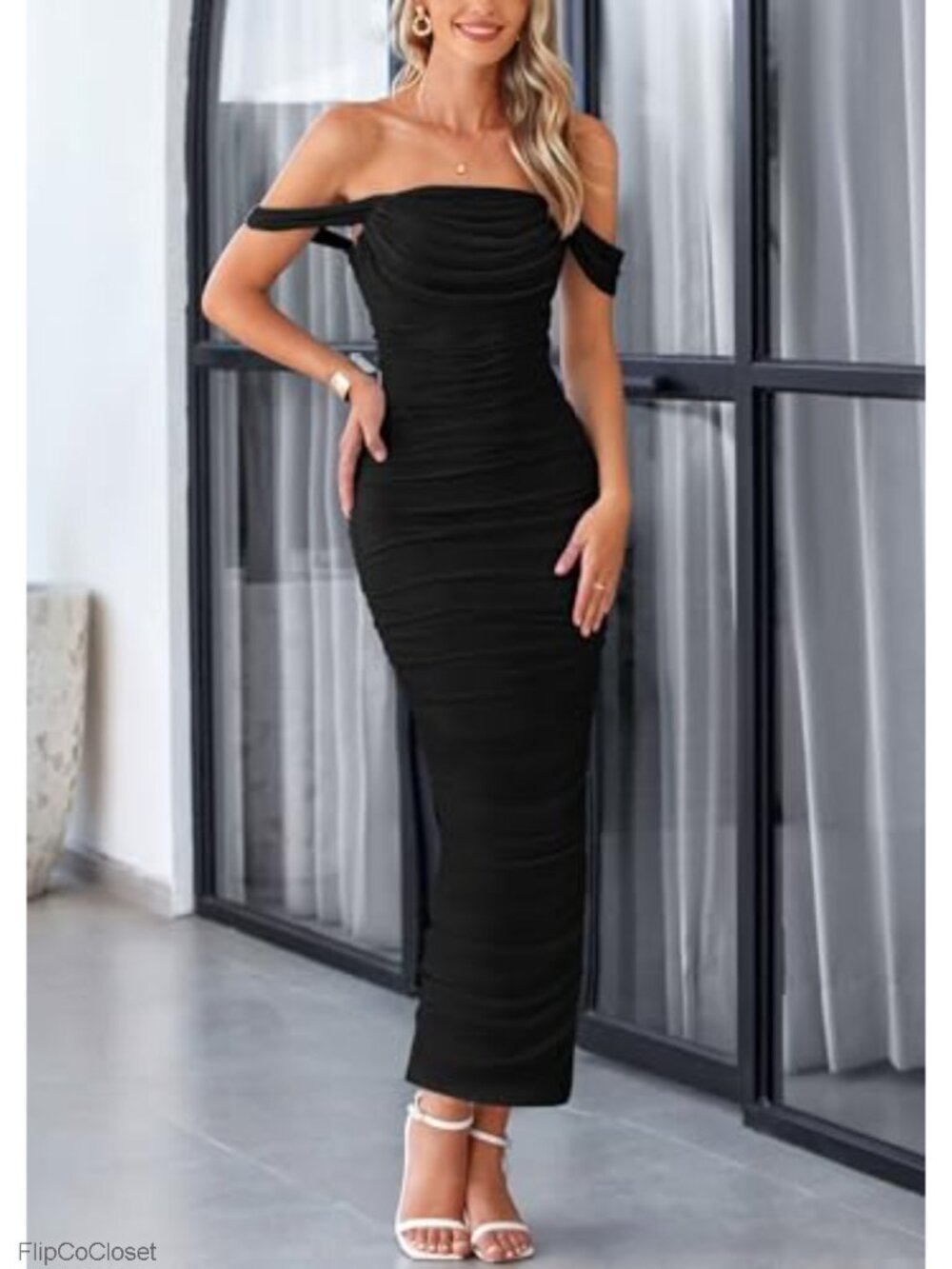 Off Shoulder Ruched Bodycon Maxi Dress Mesh - Picture 2 of 6